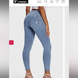 Freddy wrap-up denim worn twice light blue with yellow stitching